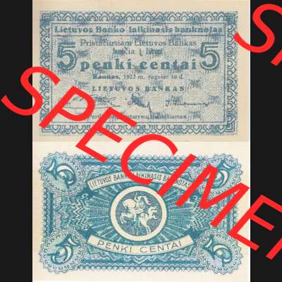 Banknoten Litauen 1922-1922, 5 penki centai. Vorderseite und Rückseite auf einen Digitalen Bild der Banknoten von Litauen 1922, Banknoten aus Satz der Banknoten Litauen 1922 im... Sammlung