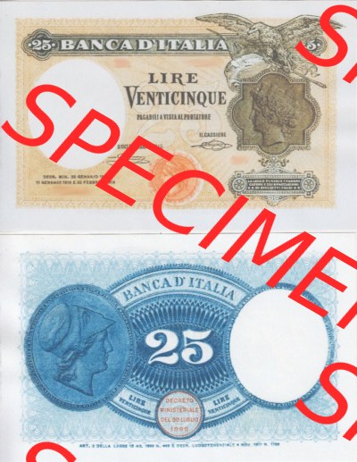 Banknoten Italien 1918-1919, Venticinque 25 Lire. Vorderseite und Rückseite auf einen Digitalen Bild der Banknoten von Italien... Sammlung