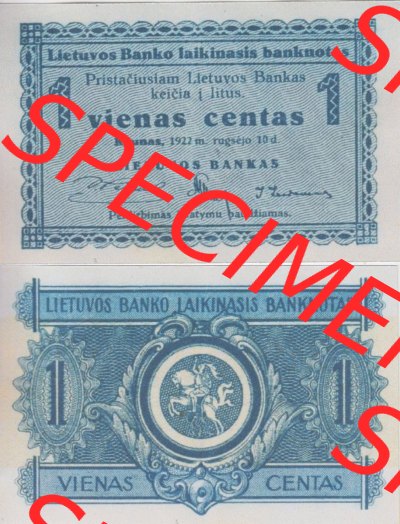 Banknoten Litauen 1922-1922, 1 vienas centas. Vorderseite und Rückseite auf einen Digitalen Bild der Banknoten von Litauen 1922,... Sammlung