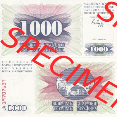 Banknoten Bosnien und Herzegowina 1992, 1000 Dinara Hiljada Tisuca. Vorderseite und Rückseite auf einen Digitalen Bild der Bosnien und Herzegowina-Banknoten aus Satz der Bosnien und Herzegowina-Banknoten... Sammlung
