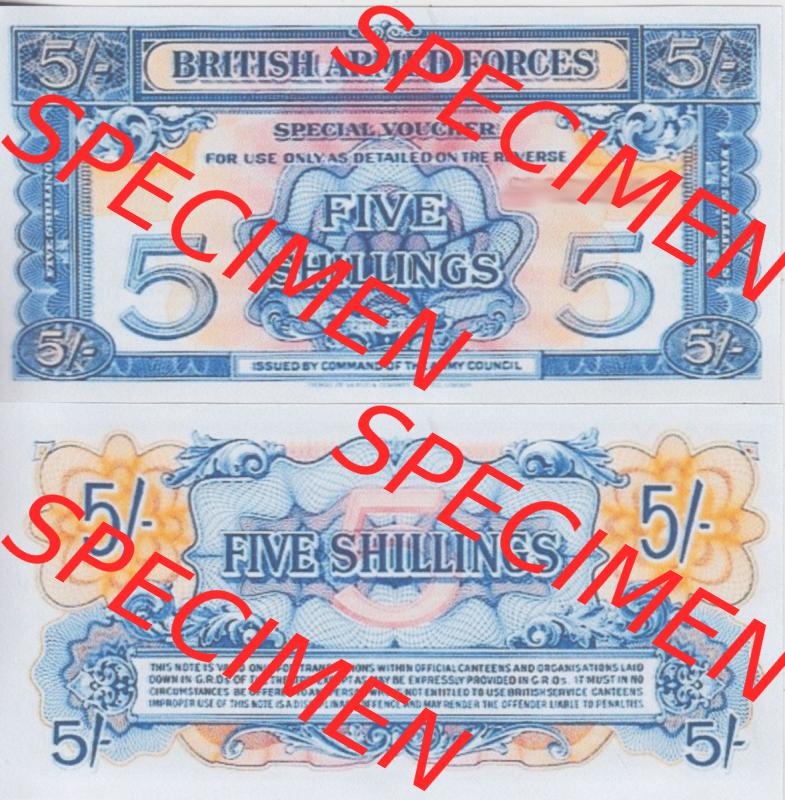 Banknoten Britisches Militär 1948-1948, 5 Schilling Five Shillings 2. Serie. Vorderseite und Rückseite auf einen Digitalen Bild der Banknoten vom Britisches Militär 1948-1958.... Sammlung