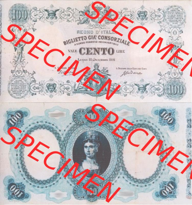 Banknoten Italien 1881-1881, 100 Lire. Vorderseite und Rückseite auf einen Digitalen Bild der Banknoten von Italien 1881, Banknoten aus Satz der Banknoten 1881 aus Italien im online... Sammlung