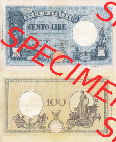 Banknoten Italien 1927-1930, Cento 100 Lire II.. Vorderseite und Rückseite auf einen Digitalen Bild der Banknoten von Italien... Sammlung