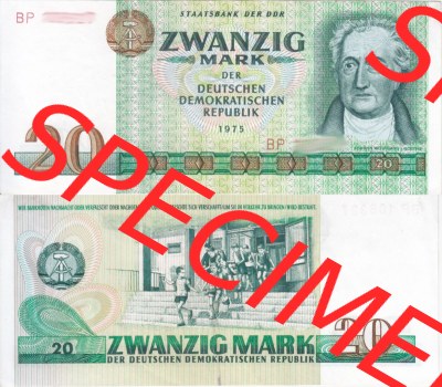 Banknote DDR 1975, 20 Mark. Vorderseite und Rückseite auf einen Digitalen Bild der DDR-Banknoten aus Komplettsatz -.-.- Sammlung