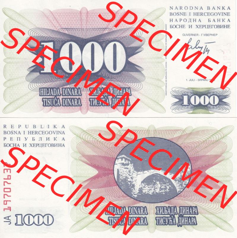 Banknoten Bosnien und Herzegowina 1992, 1000 Dinara Hiljada Tisuca. Vorderseite und Rückseite auf einen Digitalen Bild der Bosnien und Herzegowina-Banknoten aus Satz der Bosnien und Herzegowina-Banknoten... Sammlung