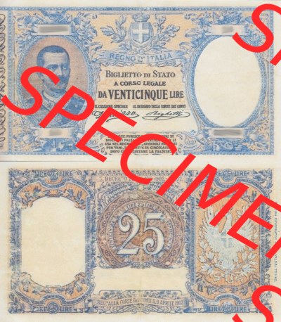 Banknoten Italien 1902-1902, 25 Lire. Vorderseite und Rückseite auf einen Digitalen Bild der Banknoten von Italien 1882-1925,... Sammlung