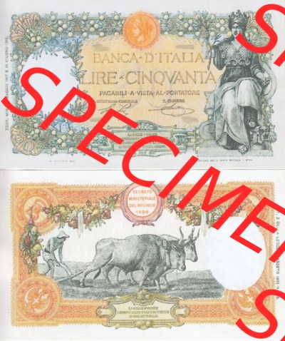 Banknoten Italien 1915-1920, Ciquvanta, 50 Lire. Vorderseite und Rückseite auf einen Digitalen Bild der Banknoten von Italien... Sammlung