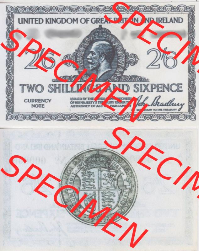 Banknoten England 1919-1919, 2 Schilling 6 Pence - Two Shillings Six Pence. Vorderseite und Rückseite auf einen Digitalen Bild der Banknoten von England 1917-1948, Banknoten aus... Sammlung