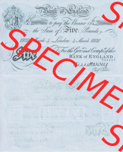 Banknoten England 1918-1925, 5 Pfund - Pounds. Vorderseite und Rückseite auf einen Digitalen Bild der Banknoten von England 1917-1948,... Sammlung