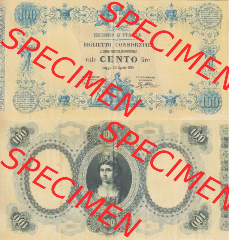 Banknoten Italien 1874-1874, 100 Lire, CENTO. Vorderseite und Rückseite auf einen Digitalen Bild der Banknoten von Italien 1874, Banknoten aus Satz der Banknoten 1874 aus... Sammlung