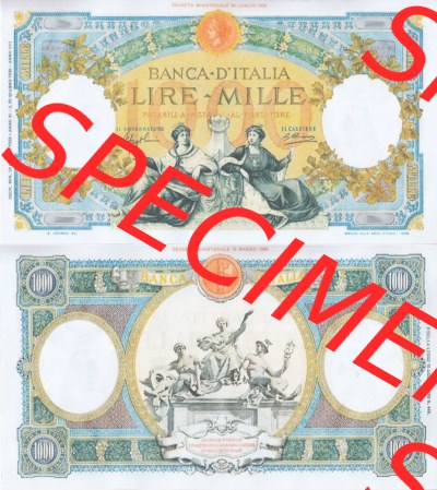 Banknoten Italien 1930-1941, Mille, 1000 Lire. Vorderseite und Rückseite auf einen Digitalen Bild der Banknoten von Italien 1926-1942,... Sammlung