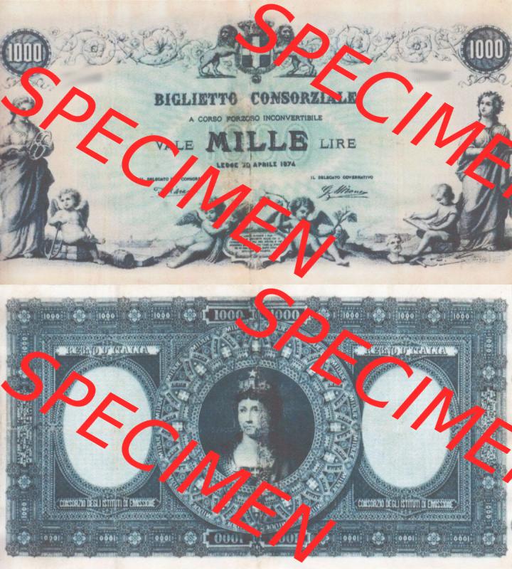 Banknoten Italien 1874-1874, 1000 Lire. Vorderseite und Rückseite auf einen Digitalen Bild der Banknoten von Italien 1874, Banknoten aus Satz der Banknoten 1874 aus Italien im online... Sammlung
