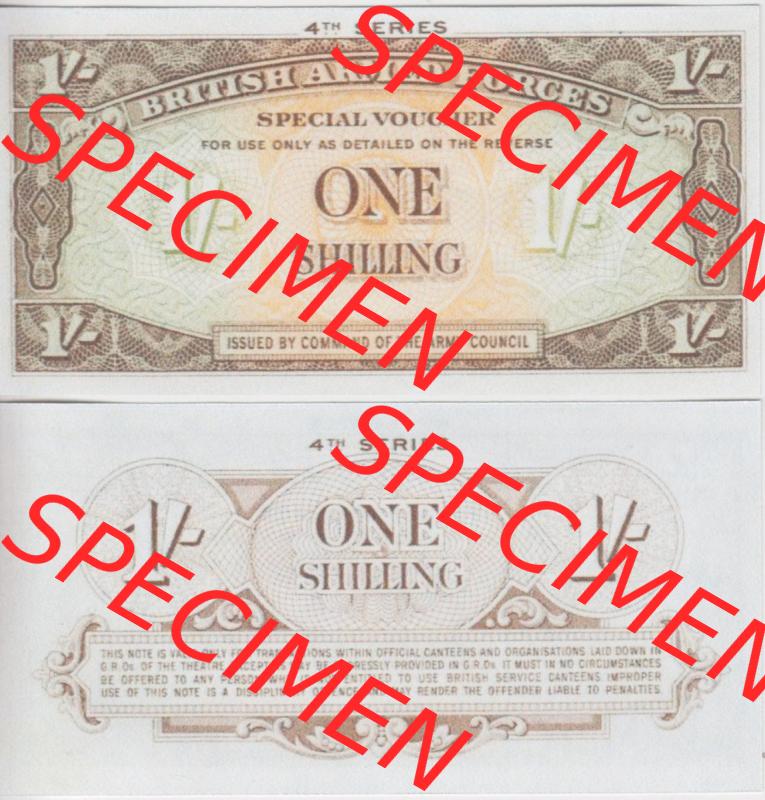 Banknoten Britisches Militär 1962-1962, 1 Schilling, One Shilling 4. Serie. Vorderseite und Rückseite auf einen Digitalen Bild der Banknoten vom Britisches Militär... Sammlung
