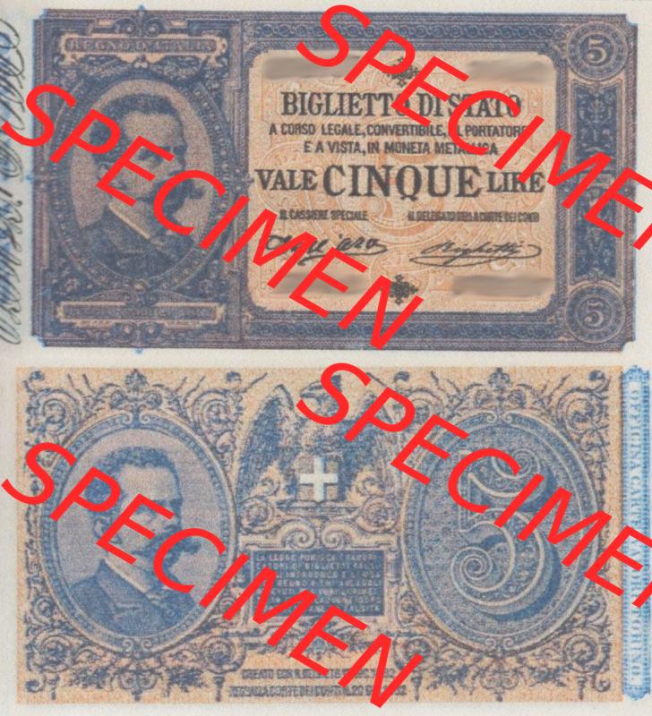 Banknoten Italien 1882-1892, 5 Lire. Vorderseite und Rückseite auf einen Digitalen Bild der Banknoten von Italien 1882-1925, Banknoten aus Satz der Banknoten 1882-1925 aus Italien... Sammlung