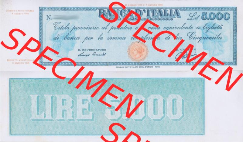 Banknoten Italien 1947-1949, 5000 Lire b. Vorderseite und Rückseite auf einen Digitalen Bild der Banknoten von Italien 1947-1950, Banknoten aus Satz der Banknoten 1947-1950 aus... Sammlung