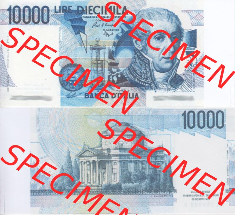 Banknoten Italien 1984-1984, 10000 Lire. Vorderseite und Rückseite auf einen Digitalen Bild der Banknoten von Italien 1982-1997, Banknoten aus Satz der Banknoten 1982-1997 aus Italien... Sammlung