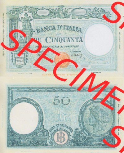 Banknoten Italien 1943-1943, Lire Cinquanta, 50 Lire II.. Vorderseite und Rückseite auf einen Digitalen Bild der Banknoten von... Sammlung