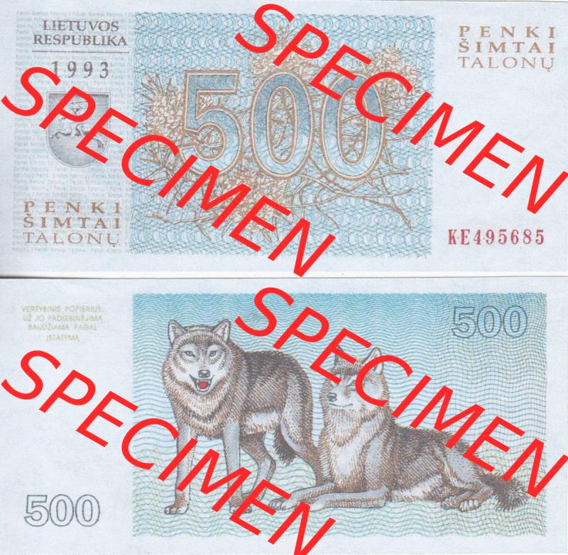 Banknoten Litauen 1993-1993, 500 Talonas Wölfe. Vorderseite und Rückseite auf einen Digitalen Bild der Banknoten von Litauen 1992 und 1993, Banknoten aus Satz der Banknoten... Sammlung