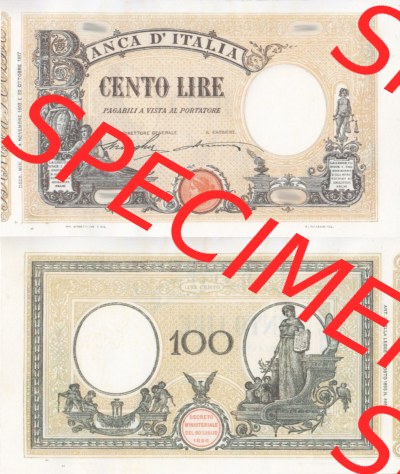 Banknoten Italien 1897-1926, Cento 100 Lire. Vorderseite und Rückseite auf einen Digitalen Bild der Banknoten von Italien 1896-1926,... Sammlung
