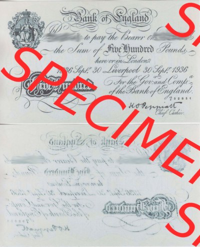 Banknoten England 1934-1943, 500 Pfund - 500 Pounds. Vorderseite und Rückseite auf einen Digitalen Bild der Banknoten von England... Sammlung