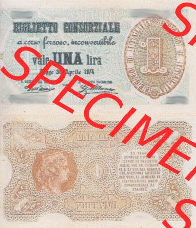 Banknoten Italien 1874-1874, Vale Una LIra, 1 Lira II.. Vorderseite und Rückseite auf einen Digitalen Bild der Banknoten von... Sammlung