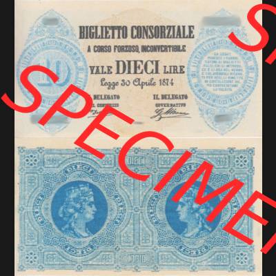 Banknoten Italien 1874-1874, vale DIECI Lire, 10 Lire. Vorderseite und Rückseite auf einen Digitalen Bild der Banknoten von Italien 1874, Banknoten aus Satz der Banknoten... Sammlung