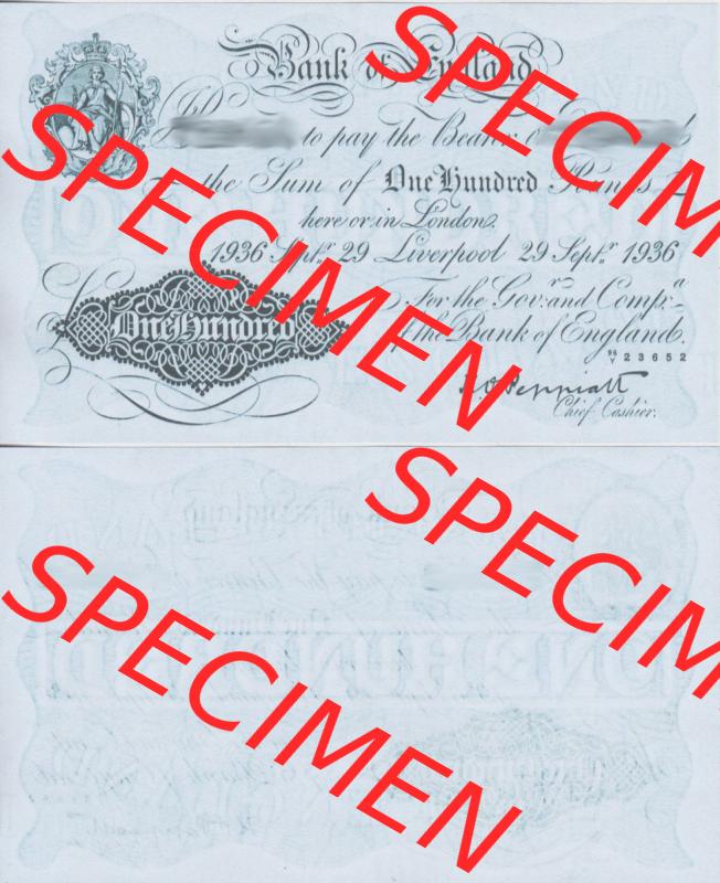 Banknoten England 1934-1943, 100 Pfund - Pounds. Vorderseite und Rückseite auf einen Digitalen Bild der Banknoten von England 1917-1948, Banknoten aus Satz der Englischen Banknoten... Sammlung