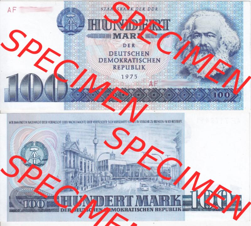 Banknote DDR 1975, 100 Mark. Vorderseite und Rückseite auf einen Digitalen Bild der DDR-Banknoten aus Komplettsatz der DDR-Banknoten im online Katalog auf EMBMV zum katalogisieren und... Sammlung