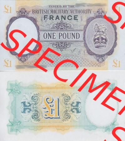 Banknoten Britisches Militär 1943-1945, 1 Pfund - 1 Pound Frankreich. Vorderseite und Rückseite auf einen Digitalen Bild der... Sammlung