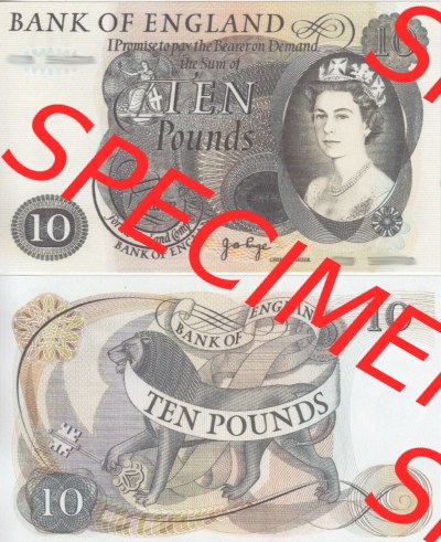 Banknoten England 1961-1975, 10 Pfund - Ten Pounds. Vorderseite und Rückseite auf einen Digitalen Bild der Banknoten von England... Sammlung