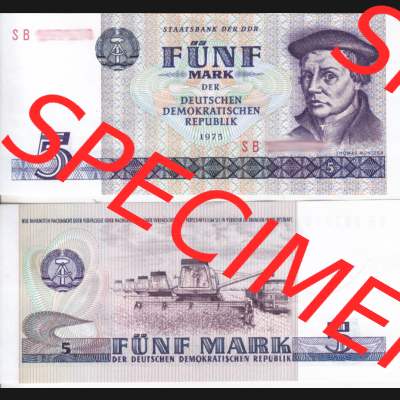 Banknote DDR 1975, 5 Mark. Vorderseite und Rückseite auf einen Digitalen Bild der DDR-Banknoten aus Komplettsatz der DDR-Banknoten im online Katalog auf EMBMV zum katalogisieren und kategorisieren. Sammlung