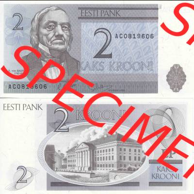 Banknoten Estland 1992, 2 Kronen. Vorderseite und Rückseite auf einen Digitalen Bild der Banknoten von Estland 1991-1992, Banknoten aus Satz der Banknoten 1992 aus Estland im online... Sammlung
