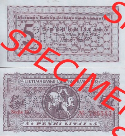 Banknoten Litauen 1922-1922, 5 penki litai. Vorderseite und Rückseite auf einen Digitalen Bild der Banknoten von Litauen 1922,... Sammlung