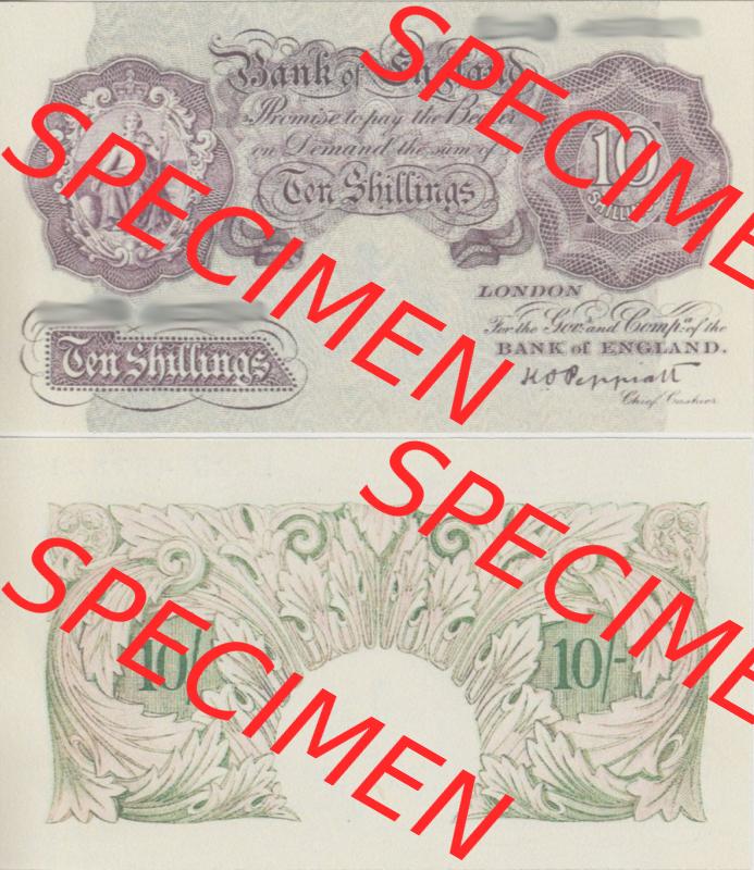 Banknoten England 1940-1948, 10 Schilling, Ten Shillings. Vorderseite und Rückseite auf einen Digitalen Bild der Banknoten von England 1917-1948, Banknoten aus Satz der Englischen... Sammlung