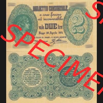 Banknoten Italien 1874-1874, vale DUE Lire, 2 Lire II.. Vorderseite und Rückseite auf einen Digitalen Bild der Banknoten von Italien 1874, Banknoten aus Satz der Banknoten... Sammlung