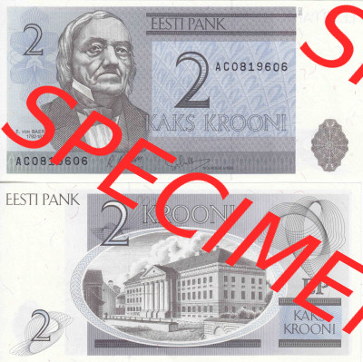 Banknoten Estland 1992, 2 Kronen. Vorderseite und Rückseite auf einen Digitalen Bild der Banknoten von Estland 1991-1992, Banknoten... Sammlung