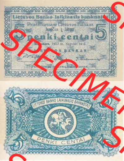 Banknoten Litauen 1922-1922, 5 penki centai. Vorderseite und Rückseite auf einen Digitalen Bild der Banknoten von Litauen 1922,... Sammlung