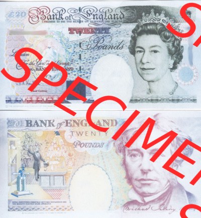 Banknoten England 1991-1993, I. 20 Pfund - Twenty Pounds. Vorderseite und Rückseite auf einen Digitalen Bild der Banknoten von... Sammlung