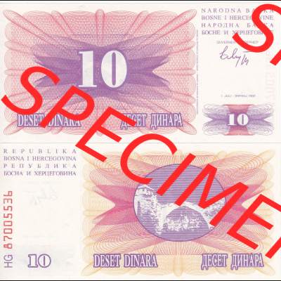 Banknoten Bosnien und Herzegowina 1992, 10 Dinara Deset. Vorderseite und Rückseite auf einen Digitalen Bild der Bosnien und Herzegowina-Banknoten aus Satz der Bosnien und Herzegowina-Banknoten... Sammlung