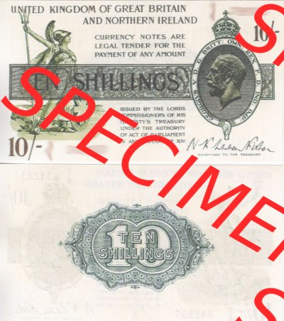 Banknoten England 1928-1928, 10 Schilling - Ten Shillings. Vorderseite und Rückseite auf einen Digitalen Bild der Banknoten von... Sammlung
