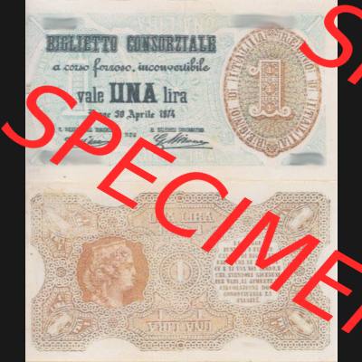 Banknoten Italien 1874-1874, Vale Una LIra, 1 Lira II.. Vorderseite und Rückseite auf einen Digitalen Bild der Banknoten von Italien 1874, Banknoten aus Satz der Banknoten... Sammlung