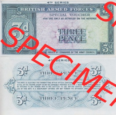 Banknoten Britisches Militär 1962-1962, 3 Pence, Three Pence 4. Serie. Vorderseite und Rückseite auf einen Digitalen Bild der... Sammlung