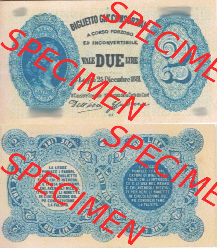 Banknoten Italien 1881-1881, 2 Lire. Vorderseite und Rückseite auf einen Digitalen Bild der Banknoten von Italien 1881, Banknoten aus Satz der Banknoten 1881 aus Italien im online... Sammlung