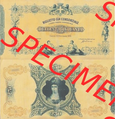 Banknoten Italien 1881-1881, 250 Lire. Vorderseite und Rückseite auf einen Digitalen Bild der Banknoten von Italien 1881, Banknoten... Sammlung