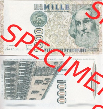 Banknoten Italien 1982-1982, 1000 Lire. Vorderseite und Rückseite auf einen Digitalen Bild der Banknoten von Italien 1982-1997,... Sammlung