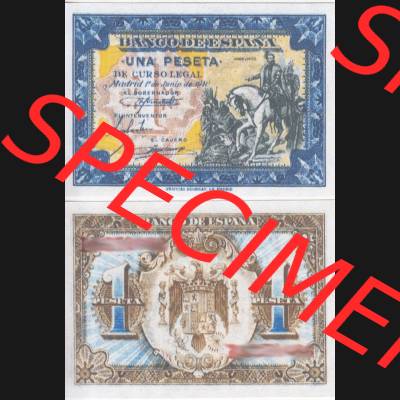 Banknoten Spanien 1940-1940, 1 Pesete Juni 1940. Vorderseite und Rückseite auf einen Digitalen Bild der Banknoten von Spanien 1940, 1943, 1945, Banknoten aus Satz der... Sammlung
