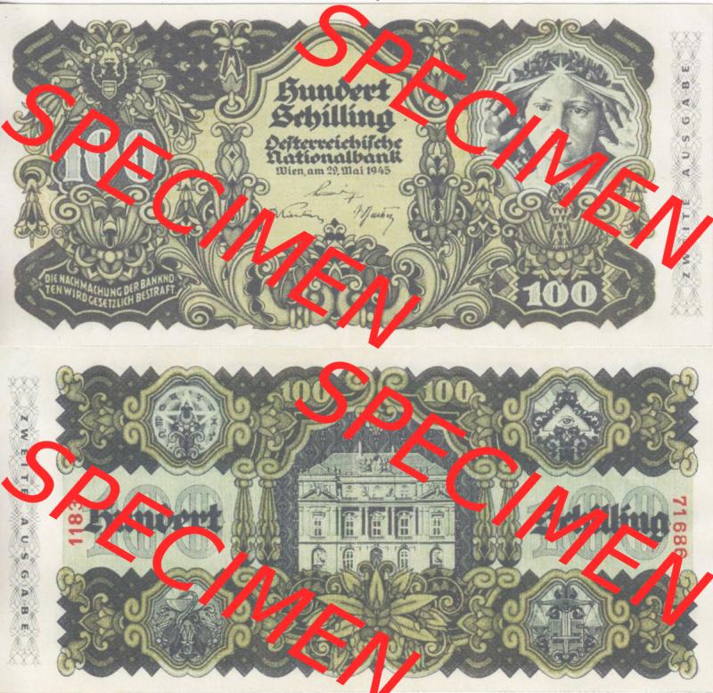Banknoten Österreich 1945-1945, 100 Schilling Zweite Ausgabe. Vorderseite und Rückseite auf einen Digitalen Bild der Banknoten von Österreich 1945 Schilling, Banknoten... Sammlung