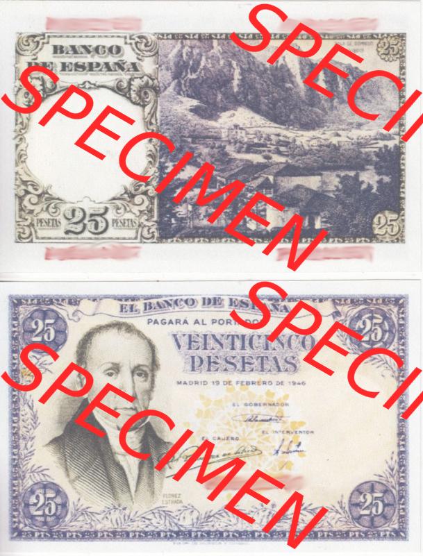 Banknoten Spanien 1946-1948, 25 Peseten. Vorderseite und Rückseite auf einen Digitalen Bild der Banknoten von Spanien 1946-1949, Banknoten aus Satz der Banknoten Spanien 1946-1949... Sammlung