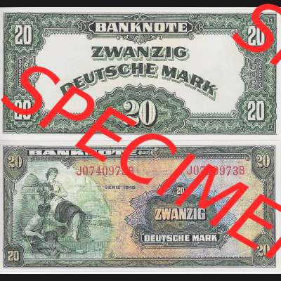 BRD Deutschland Alliierte Besetzung 1948, 20 Deutsche Mark I.. Vorderseite und Rückseite auf einen Digitalen Bild der Banknoten Deutschland 1948 der Alliierte Besetzung,... Sammlung