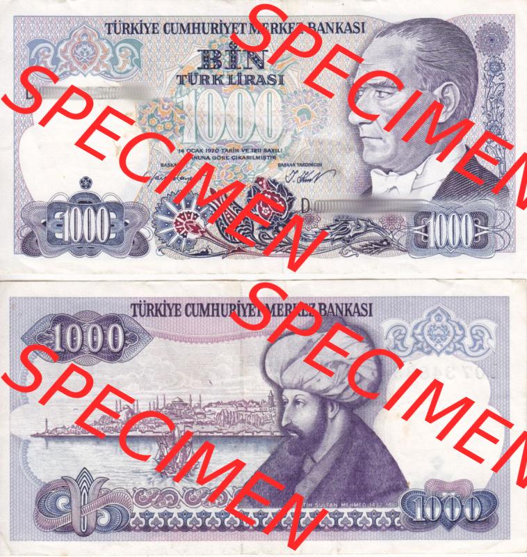 Banknote Türkei 1986-1986 (1970), 1000 Lira. Vorderseite und Rückseite auf einen Digitalen Bild der Banknoten der Türkei 1968-1986, Banknoten aus Satz der Banknoten... Sammlung